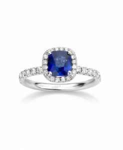 Maison De Greef – White gold ring set with a cushion cut blue sapphire and diamonds