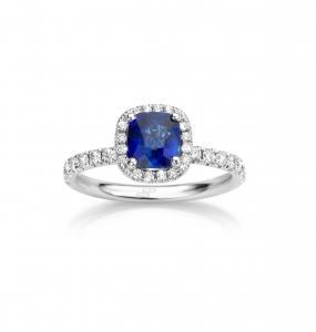 Maison De Greef – White gold ring set with a cushion cut blue sapphire and diamonds